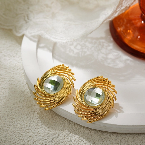 Vintage Stainless Steel Rhinestone Stud Earrings 18K Gold Plated Geometric Spiral Woven Earring For Women Elegant Jewelry