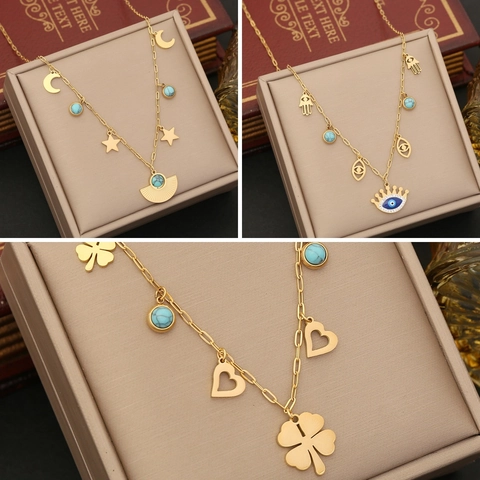 Evil Eye Hamsa Hand Stern Mond Kleeblatt Anhänger Halskette Edelstahl Türkis Mode Schlüsselbein Kette Für Frauen