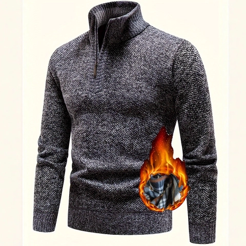 Maglione In Maglia Da Uomo Con Mezza Cerniera Foderato In Pile Collo Alto Caldo Inverno Business Casual