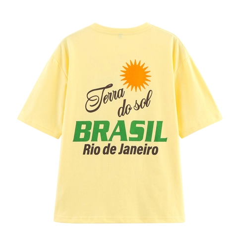 Maglietta Da Donna A Maniche Corte In Misto Cotone Girocollo Stampa Sole Brasile Casual Estiva Allentata