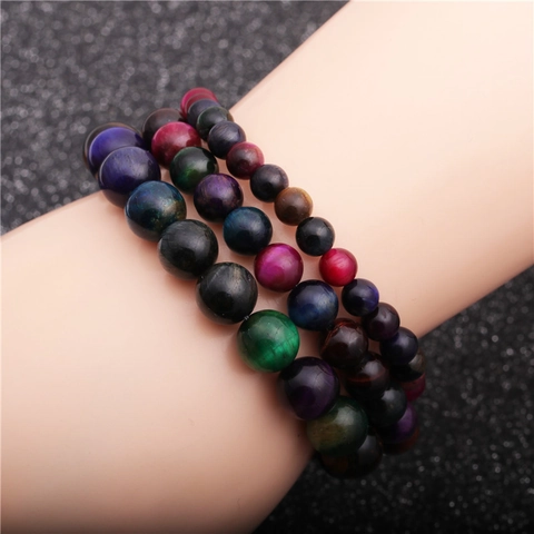 Natural Colorful Tiger Eye Stone Beaded Bracelet Elastic String Round Gemstone Unisex Ethnic Jewelry Gift