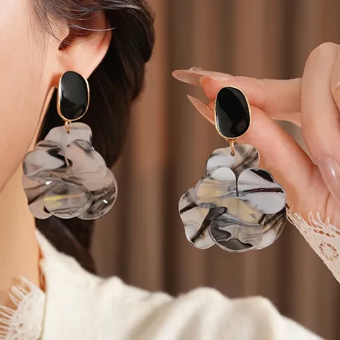 French Vintage Flower Drop Earrings Resin Marble Ink Pattern With Silver Earring Post Elegant Statement Jewelry Women