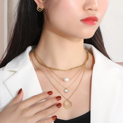Multi Layered Stainless Steel Necklace And Earring Set With Faux Artificial Pearl And Zircon Geometric Round Pendant For Women Fashion