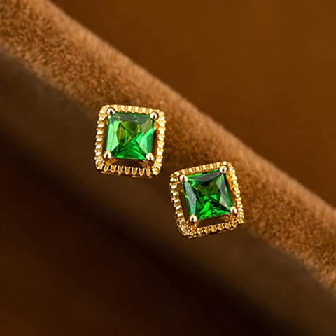 Vintage Geometric Square Zirconia Stud Earrings For Women Emerald Green Copper Gold Plated Four Prong Earring Jewelry