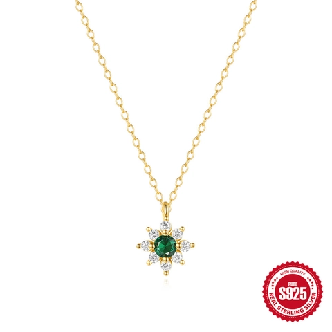925 Sterlingsilber Blume Anhänger Halskette Für Damen Gold Vergoldet Grün Zirkonia Schlüsselbein Kette Minimalistisch Schmuck