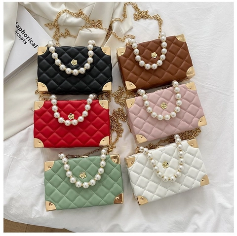 Borsa A Scatola In Pelle PU Trapuntata Con Manico In Künstliche Perle E Tracolla A Catena Dorata Borsa A Mano Da Donna Vintage
