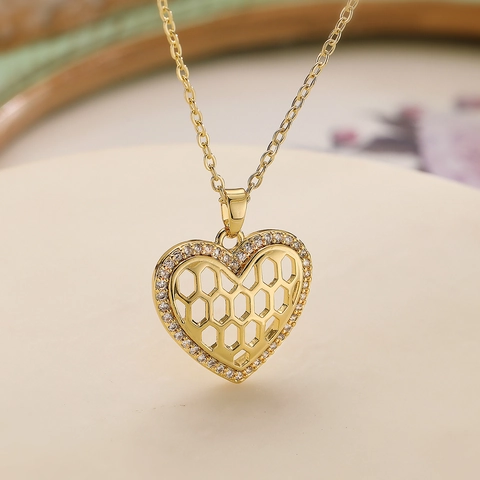 Herzanhänger Halskette Kupfer 18K Vergoldet Zirkon Wabe LOVE Schlüsselbein Kette Schmuck Für Damen