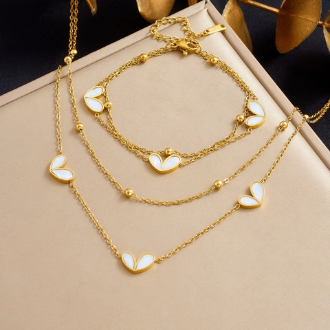 Korean Stainless Steel Double Layer Heart Necklace And Bracelet Jewelry Set Gold Plated Black White Contrast Heart Jewelry