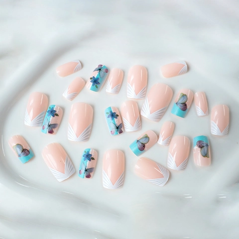 French Press On Nails Long Square Butterfly Flower White Shell Relief Fashion Sweet Artificial Fake Nails For Women