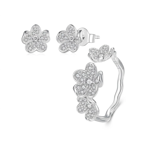 Joyería De Plata Esterlina 925 Flor Anillo Ajustable Y Pendientes De Botón Con Circonita Para Mujer Accesorio Elegante Brillante