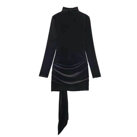 Elegant Black Velvet Ruched Mock Neck Mini Dress Asymmetric Draped Long Sleeve Party Evening Wear For Women