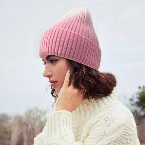 Gradiënt Gebreide Muts Acryl Warm Omslag Ribgebreid Winter Outdoor Mode Voor Dames