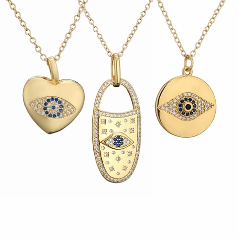 Evil Eye Pendant Necklace Gold Plated Copper Micro Pave Colorful Zircon Heart Round Shape Fashion Jewelry For Women