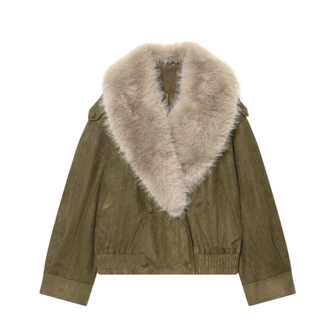 Chaqueta De Ante Sintético Con Cuello De Piel Sintética Mujeres Verde Oliva Cremallera Solapa Corto Invierno Cálido