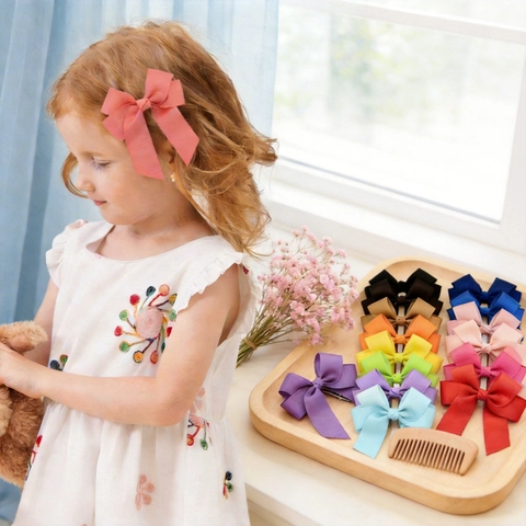Handmade Kids Hair Bow Clip Grosgrain Ribbon Double Layer Streamer Solid Color Hair Accessories For Girls Babies