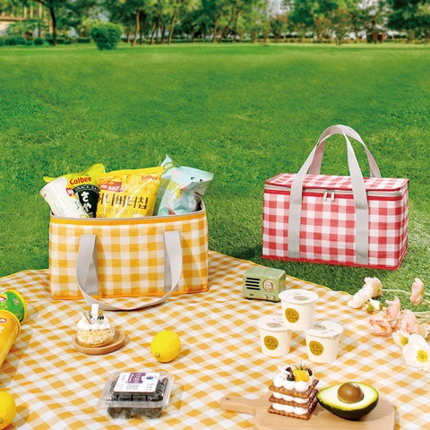 Insulated Picnic Bag Cooler Bag 600D Oxford Cloth Aluminum Foil Thermal Portable Foldable Large Capacity Outdoor Plaid