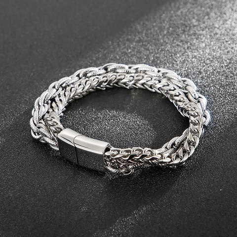 Men Double Layer Woven Dragon Bone Chain Bracelet Titanium Steel Braided Wheat Link Punk Hip Hop Jewelry Silver