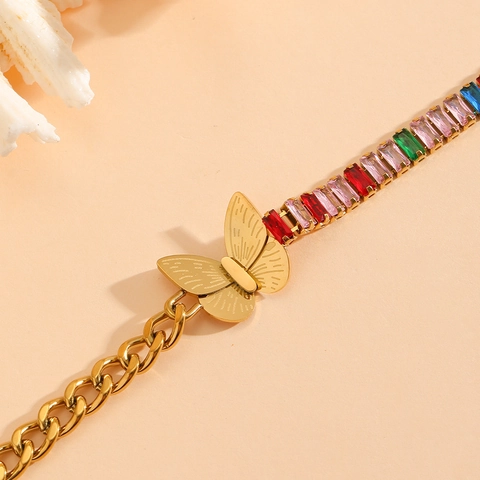 Stainless Steel Bracelet Gold Plated Butterfly Multi Color Rectangular Cubic Zirconia Trendy Jewelry For Women