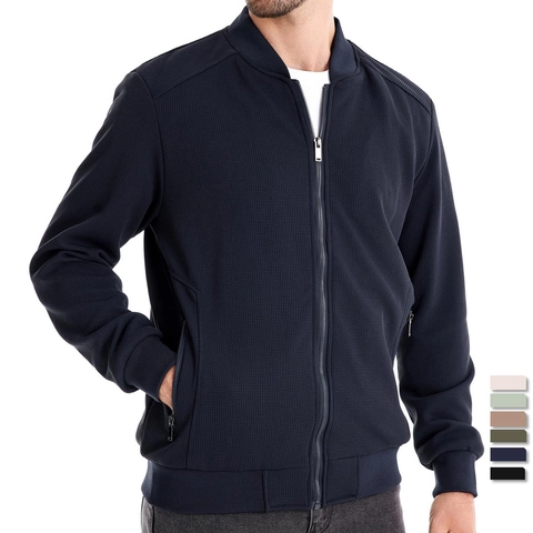 Men Waffle Knit Bomber Jacket Casual Stand Collar Full Zip Lightweight Outerwear Spring Autumn Solid Color Coat