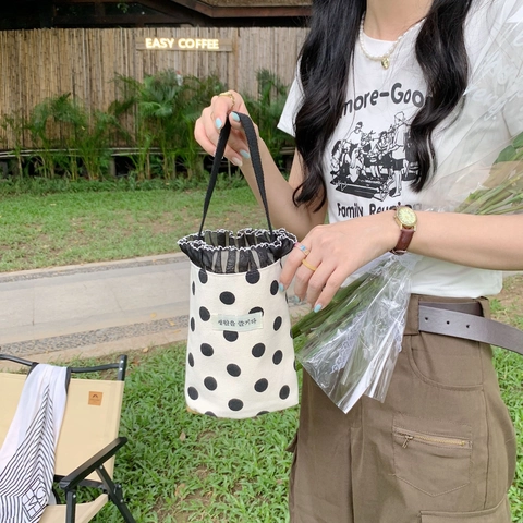 Damen Mini Canvas Handtasche Gepunktet Blumendruck Rüschen Spitze Lunch Bento Tote Literarisch Frisch Lässig Tragbar