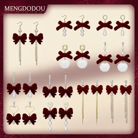 Retro Rote Beflockte Schleife Ohrhänger Damen Wein Samt Künstliche Perle Quaste Herz Schmuck Mit 925 Sterling Silber Ohrstecker