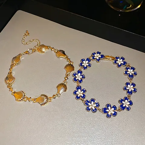 Bracciale In Lega Placcato Oro Vintage Francese Elegante Conchiglia E Fiore Smalto Catena Da Polso Gioielli Donna