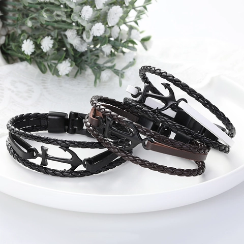 Pulsera De Ancla Vintage Para Hombre Cuero Trenzado Estilo Náutico Dije Metálico Joyería De Moda Casual