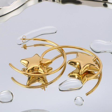 Boucles D'oreilles Pendentif Étoile Et Croissant De Lune En Acier Inoxydable Plaqué Or 18K Style Ins Pour Femmes