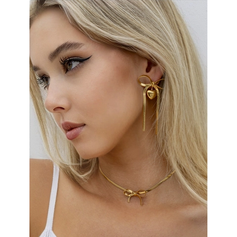 Boucles D'oreilles Pendantes Nœud Et Cœur Femmes Acier Inoxydable Imperméable Hypoallergénique Élégant Bijoux Chic