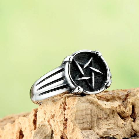 Anello Pentacolo Da Uomo Vintage Acciaio Inossidabile Colore Argento Antico Nero Ossidato Punk Gothic Hip Hop Gioielli