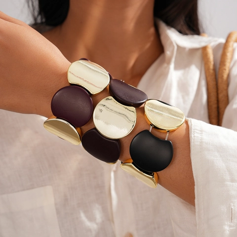 Chunky Acryl Legering Splicing Elastische Armband Voor Dames Retro Geometrisch Goud Mat Mode Sieraden Vintage Bangle