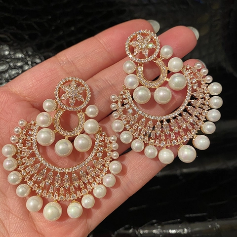 Retro Round Artificial Pearl Drop Gold Plated Alloy Zircon Luxury High End Style With Silver Earring Post Jewelry For Women