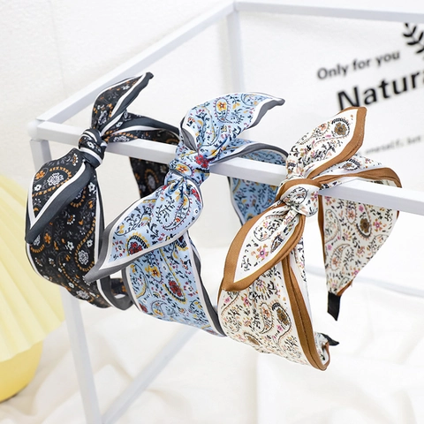 Printed Fabric Headband Wide Brim Bow Knot Satin Texture Paisley Geometric Pattern Fashion Hair Accessory For Women