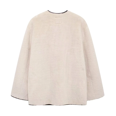 Women Faux Shearling Coat Plush Jacket Round Neck Long Sleeve Outerwear Cream Elegant Casual With Leather Trim Horn Buttons