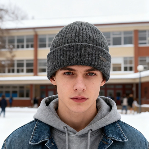 Strickmütze Beanie Geripptes Acryl Winter Warm Mit Umschlag Metallplatte Outdoor Casual Für Herren Damen