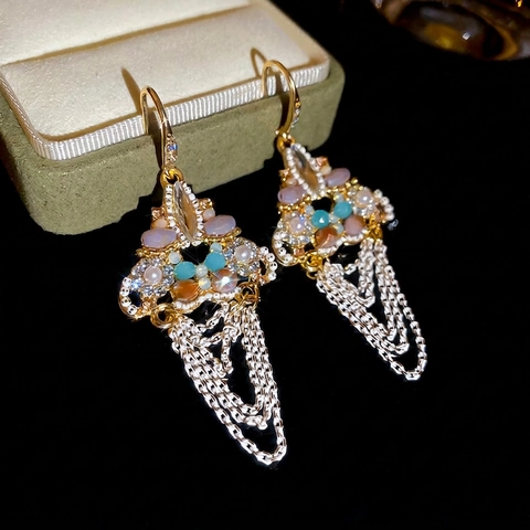 Orecchini Pendenti Con Nappa Stile Palazzo Vintage Per Donna Triangolo Geometrico Rame Zircone Cristallo Lungo Gioielli Boho