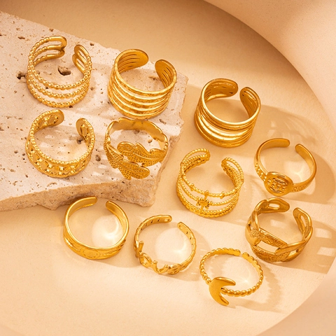Vintage Titanstahl Offene Ringe Für Damen Vergoldet Stern Mond Liebe Herz Verstellbar Gehämmerter Modeschmuck Ring