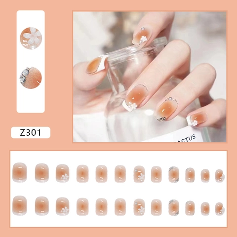 Press On Nails 3D White Flower Rhinestone Artificial Pearl Gradient Amber Short Square Round Artificial Nails For Women