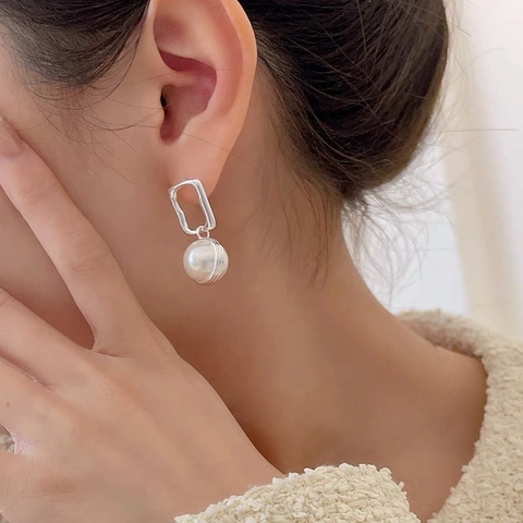 925 Sterlingsilber Geometrische Künstliche Perle Ohrhänger Für Damen Minimalistischer Silbertone Hängende Modeschmuck