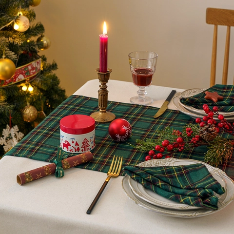 Christmas Green Plaid Table Runner And Placemat Napkin Polyester Tartan Check Holiday Party Dining Table Decoration