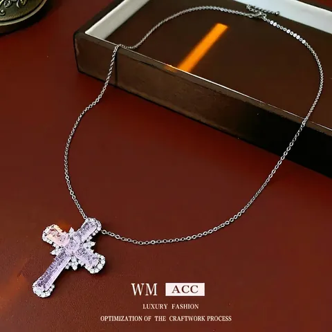 Collana Pendente Croce Rame Con Zircone Rosa Catena Clavicola Elegante Lusso Gioielli Di Moda Regalo Per Donne