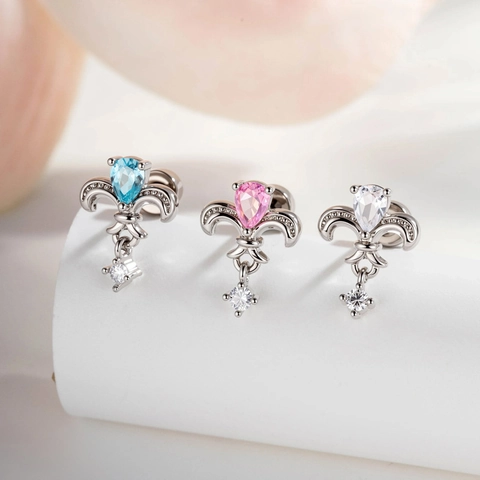 Pendiente De Cartílago Flor De Lis Acero De Titanio Cobre Circón Forma De Lágrima Cierre De Rosca Joyería Piercing