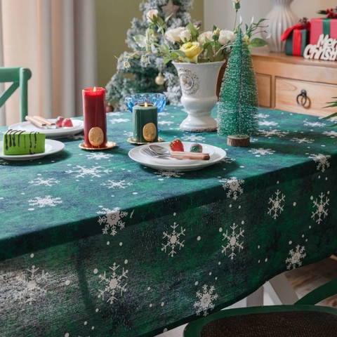 Mantel Rectangular de Mezcla de Tejidos con Estampado de Copos de Nieve de Navidad Estilo Americano Cubierta de Mesa para Fiesta Hogar