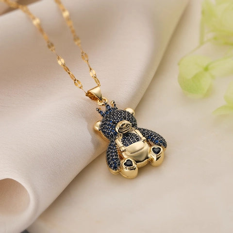 Collana Con Ciondolo A Orsetto Rame Placcato Oro Zirconia Corona Gioielli Animali Elegante Alla Moda Per Donna