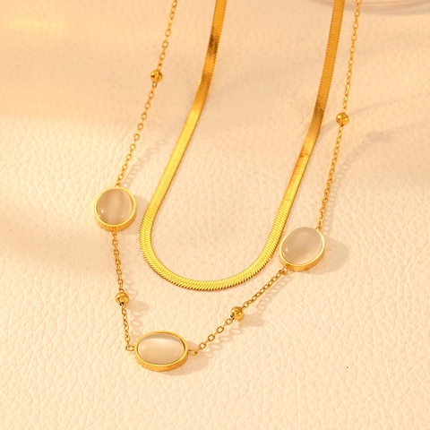 Collana A Strati Acciaio Inossidabile Placcato Oro 18K Con Pietra Occhio Di Gatto Bianca Gioielli Chic Minimalisti