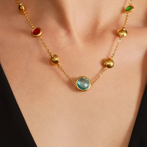 Stainless Steel Necklace For Women Geometric Hollow Circle Niche Design Faceted Czech Glass Stone Round Bead Spliced Jewelry Necklace
