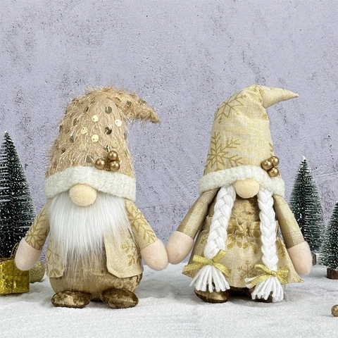 Poupée En Peluche Gnome De Noël Doré Blanc Paillettes Motif Flocon De Neige Elfe Sans Visage Décoration De Table Maison