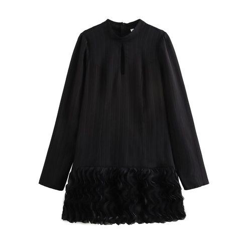 Women Black Mini Dress 3D Flower Patchwork Stand Collar Keyhole Hollow Out Long Sleeve Ruffle Hem A-Line Elegant Polyester