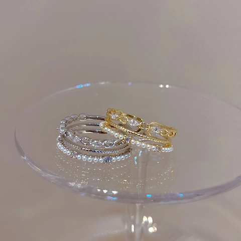 Elegantes Anillos Apilables Cobre Circonita Perla Artificial Imitación Joyería De Dedo Ajustable Abierta Para Mujer Moda Diario