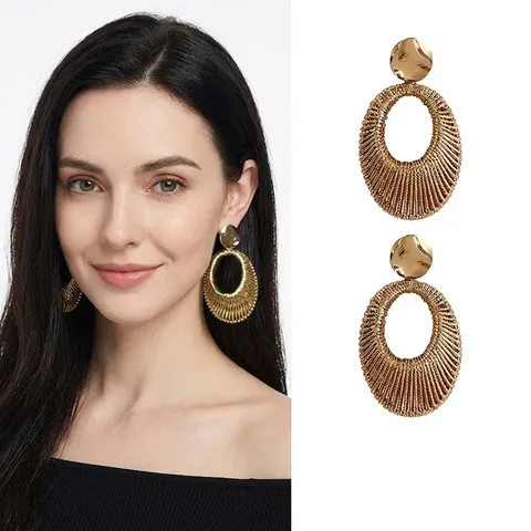 Vintage Bohemian Hollow Oval Pendant Earrings With 925 Sterling Silver Earring Post Woven Texture Jewelry For Women